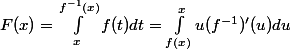 F(x) = \int_x^{f^{-1}(x)} f(t)dt =\int_{f(x)}^{x} u(f^{-1})'(u)du 